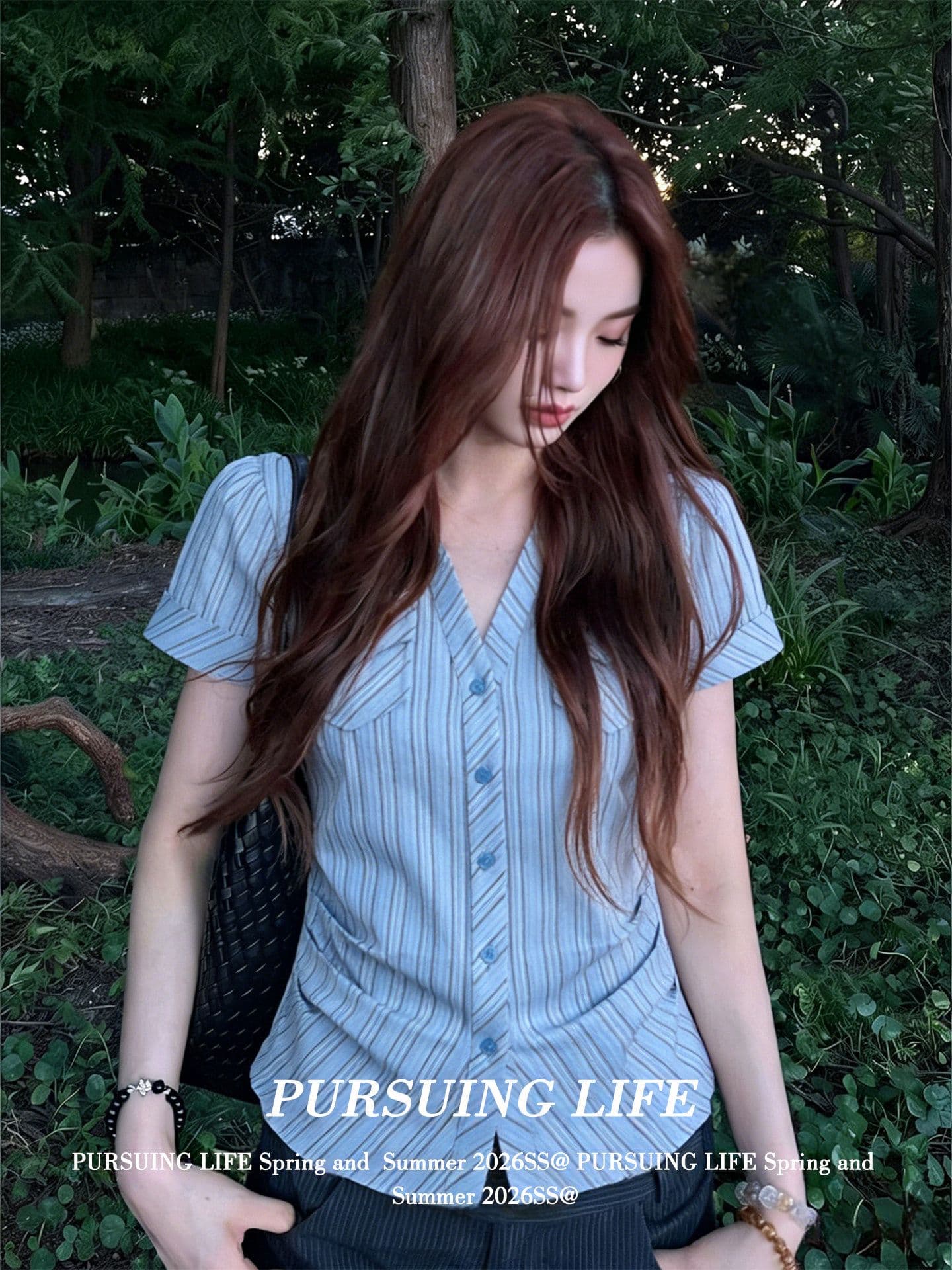 원본 자카드 한국 스타일 파란색 스트라이프 반팔 여성 셔츠 여름 주머니 꼬집기 허리 셔츠 몸매 가꾸기 슬림해 보이는 맨위 상세 이미지 6
