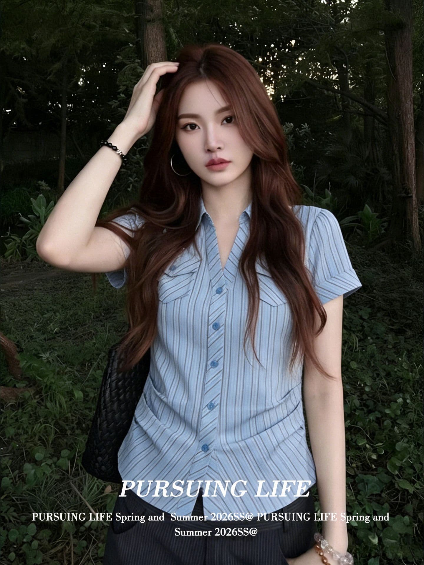 원본 자카드 한국 스타일 파란색 스트라이프 반팔 여성 셔츠 여름 주머니 꼬집기 허리 셔츠 몸매 가꾸기 슬림해 보이는 맨위 상세 이미지 7