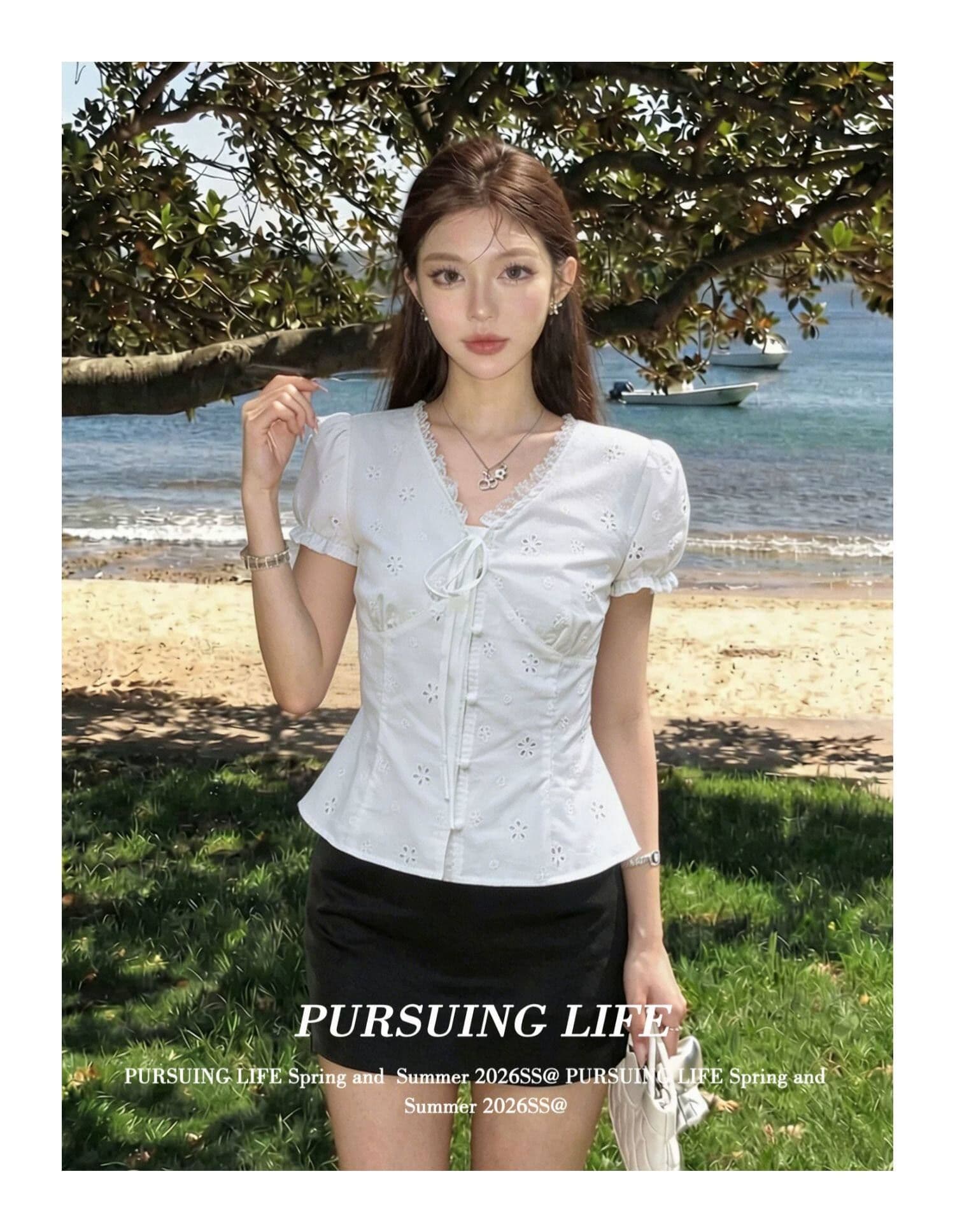 원본 원단 있음 네리 한 부서 V넥 레이스 반팔 여성 셔츠 여름 거품 소매 셔츠 맨위 상세 이미지 2