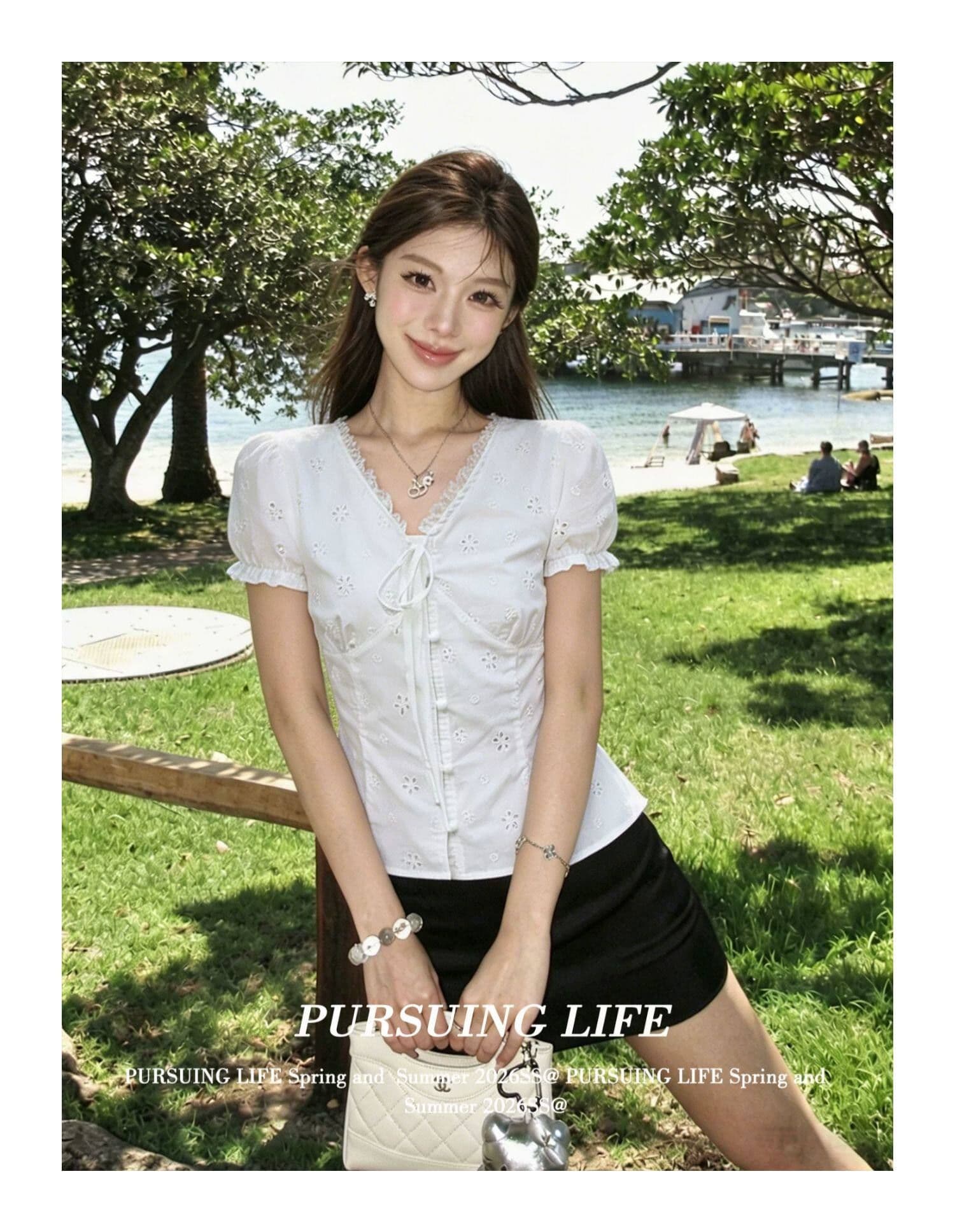 원본 원단 있음 네리 한 부서 V넥 레이스 반팔 여성 셔츠 여름 거품 소매 셔츠 맨위 상세 이미지 5