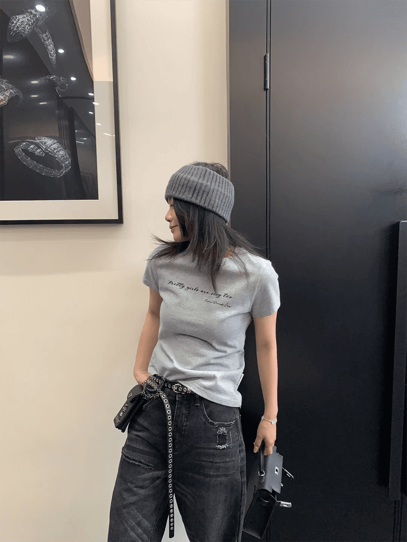 순면 40 220 그램 92 면 8 암모니아 Lun 한국 스타일 새로운 긍정적 인 어깨 반팔 티셔츠 여성 프린트 몸매 가꾸기 핫걸 맨위 상세 이미지 7