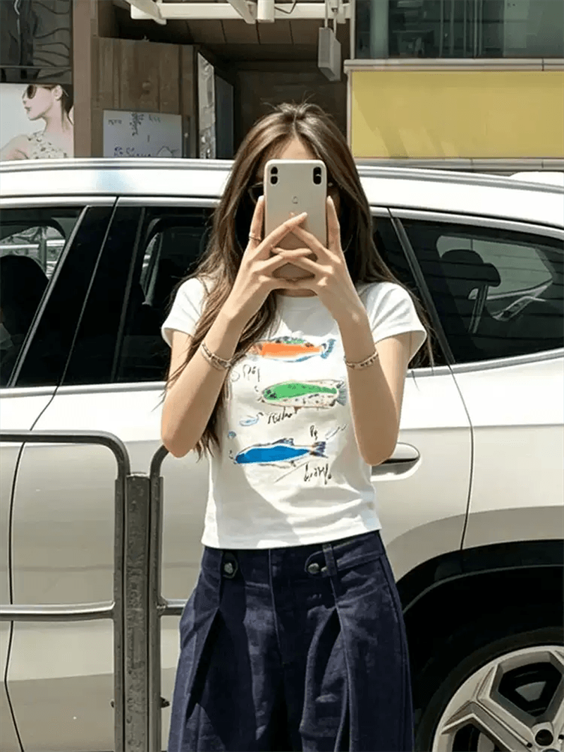 순면 40 220 그램 92 면 8 암모니아 Lun 한국 스타일 새로운 긍정적 인 어깨 반팔 티셔츠 여성 프린트 몸매 가꾸기 핫걸 맨위 이미지 3