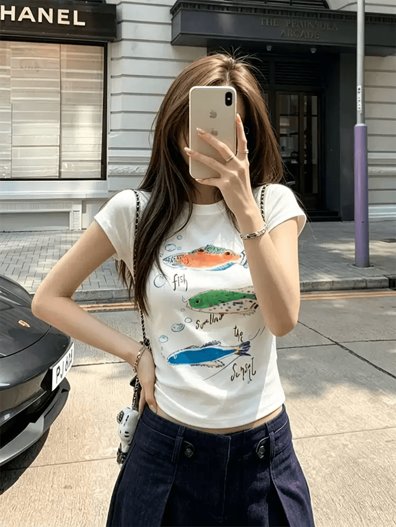 순면 40 220 그램 92 면 8 암모니아 Lun 한국 스타일 새로운 긍정적 인 어깨 반팔 티셔츠 여성 프린트 몸매 가꾸기 핫걸 맨위