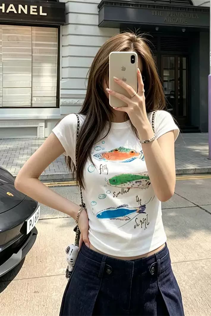 순면 40 220 그램 92 면 8 암모니아 Lun 한국 스타일 새로운 긍정적 인 어깨 반팔 티셔츠 여성 프린트 몸매 가꾸기 핫걸 맨위 이미지 5