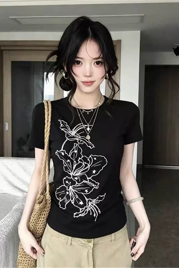 순면 40 220 그램 92 면 8 암모니아 Lun 한국 스타일 새로운 긍정적 인 어깨 반팔 티셔츠 여성 프린트 몸매 가꾸기 핫걸 맨위 이미지 5