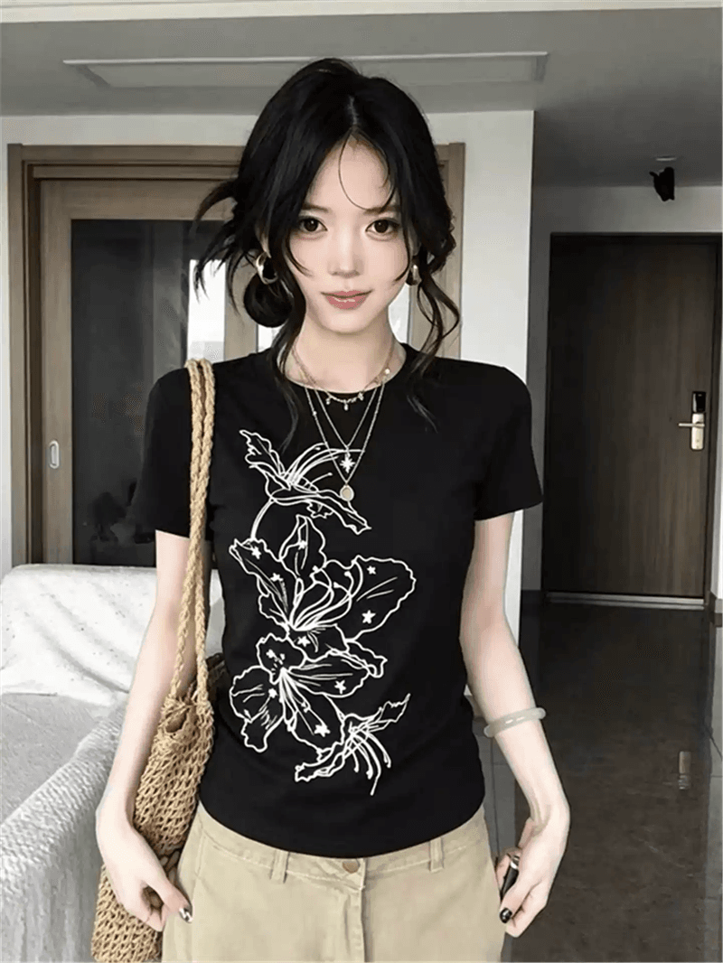 순면 40 220 그램 92 면 8 암모니아 Lun 한국 스타일 새로운 긍정적 인 어깨 반팔 티셔츠 여성 프린트 몸매 가꾸기 핫걸 맨위 상세 이미지 2