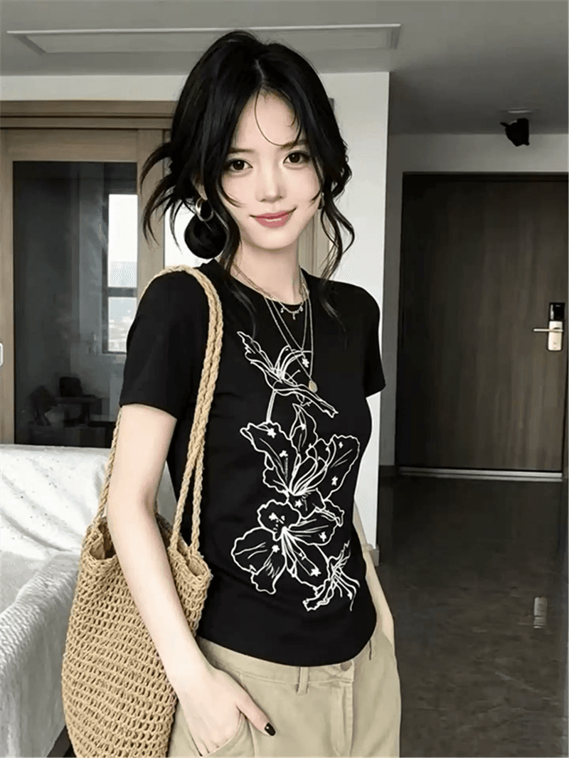 순면 40 220 그램 92 면 8 암모니아 Lun 한국 스타일 새로운 긍정적 인 어깨 반팔 티셔츠 여성 프린트 몸매 가꾸기 핫걸 맨위 상세 이미지 3