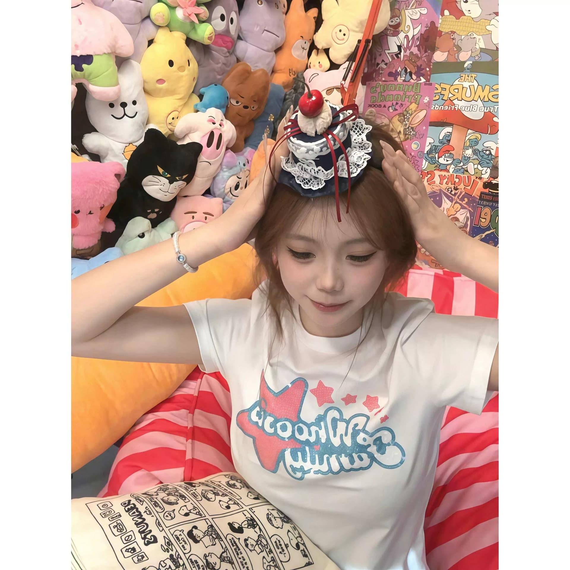 순면 40 220 그램 92 면 8 암모니아 Lun 한국 스타일 새로운 긍정적 인 어깨 반팔 티셔츠 여성 프린트 몸매 가꾸기 핫걸 맨위 이미지 2
