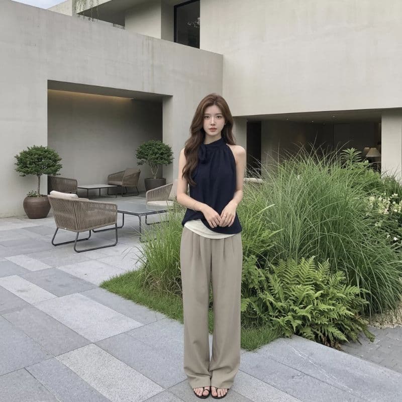 신축성 쉬폰 네리 나비 매듭 행침 목 조끼 여성 여름 블루 색상 민소매 맨위 외출용 작은 키 이미지 5