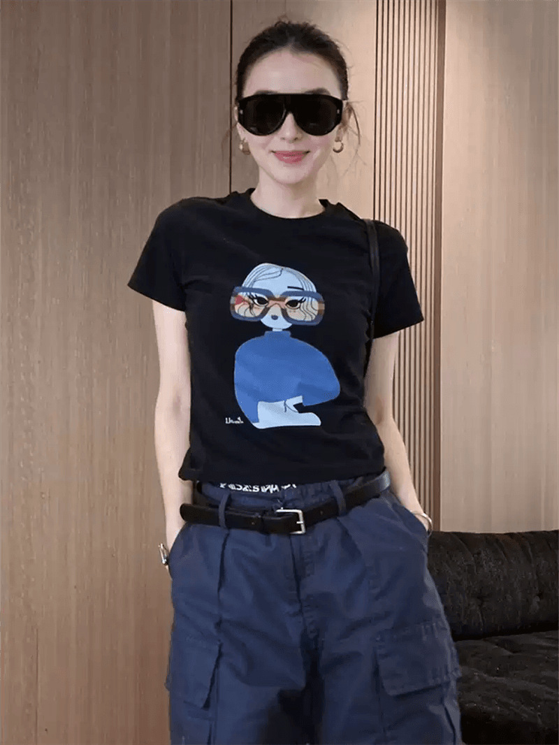 순면 40 220 그램 92 면 8 암모니아 Lun 한국 스타일 새로운 긍정적 인 어깨 반팔 티셔츠 여성 프린트 몸매 가꾸기 핫걸 맨위 이미지 3