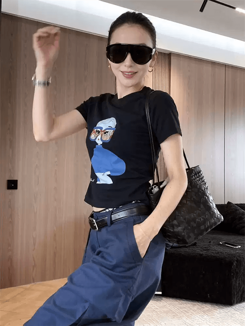 순면 40 220 그램 92 면 8 암모니아 Lun 한국 스타일 새로운 긍정적 인 어깨 반팔 티셔츠 여성 프린트 몸매 가꾸기 핫걸 맨위 이미지 4