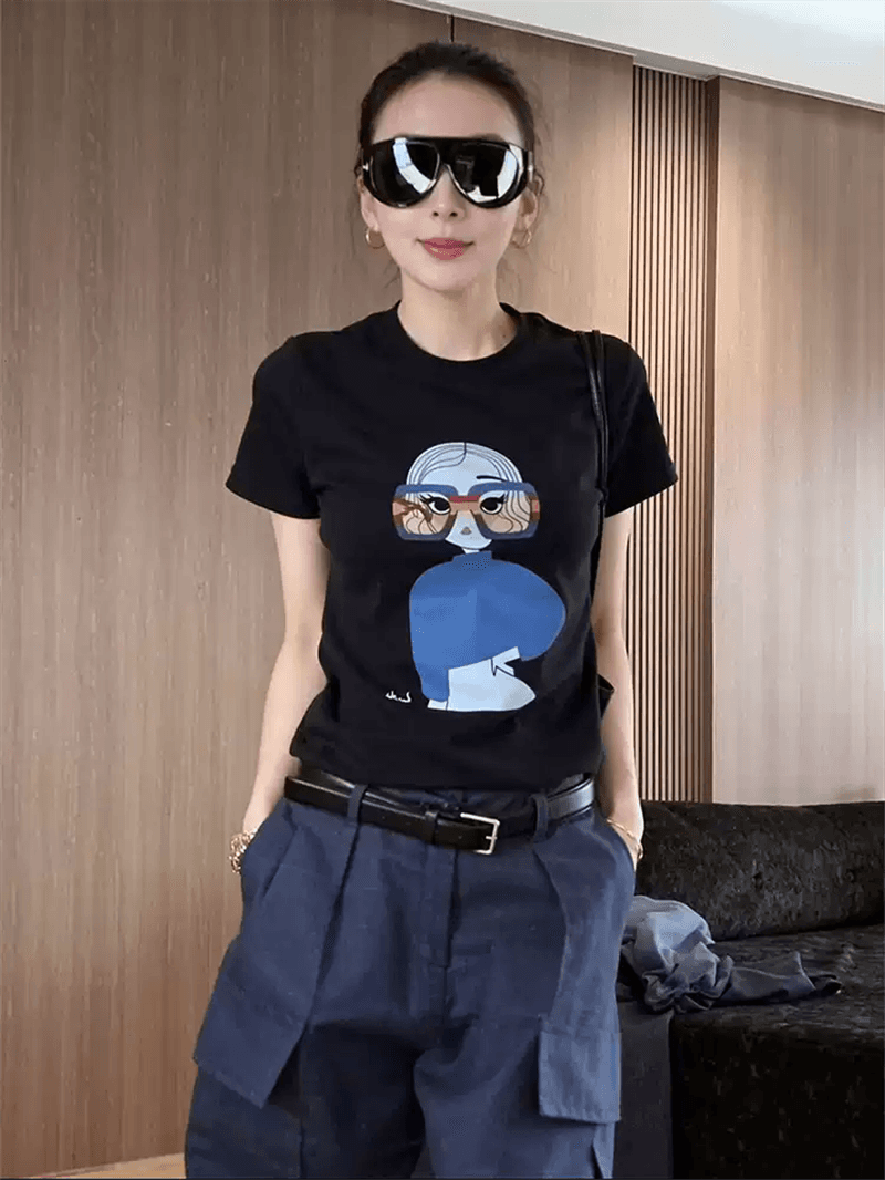 순면 40 220 그램 92 면 8 암모니아 Lun 한국 스타일 새로운 긍정적 인 어깨 반팔 티셔츠 여성 프린트 몸매 가꾸기 핫걸 맨위 상세 이미지 3