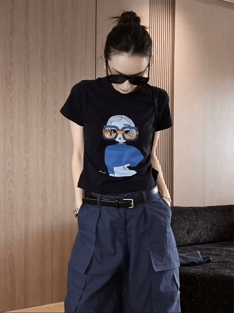 순면 40 220 그램 92 면 8 암모니아 Lun 한국 스타일 새로운 긍정적 인 어깨 반팔 티셔츠 여성 프린트 몸매 가꾸기 핫걸 맨위 상세 이미지 4
