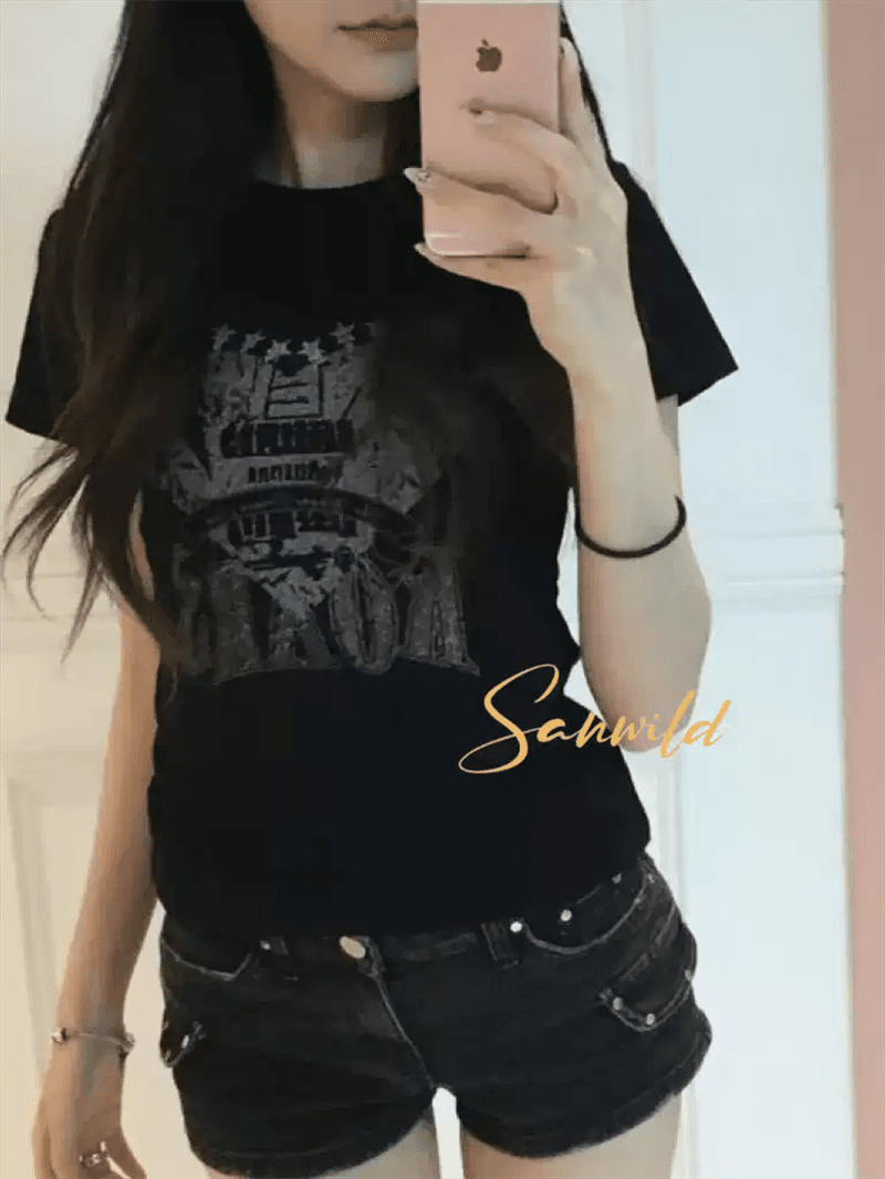 순면 40 220 그램 92 면 8 암모니아 Lun 한국 스타일 새로운 긍정적 인 어깨 반팔 티셔츠 여성 프린트 몸매 가꾸기 핫걸 맨위 이미지 2
