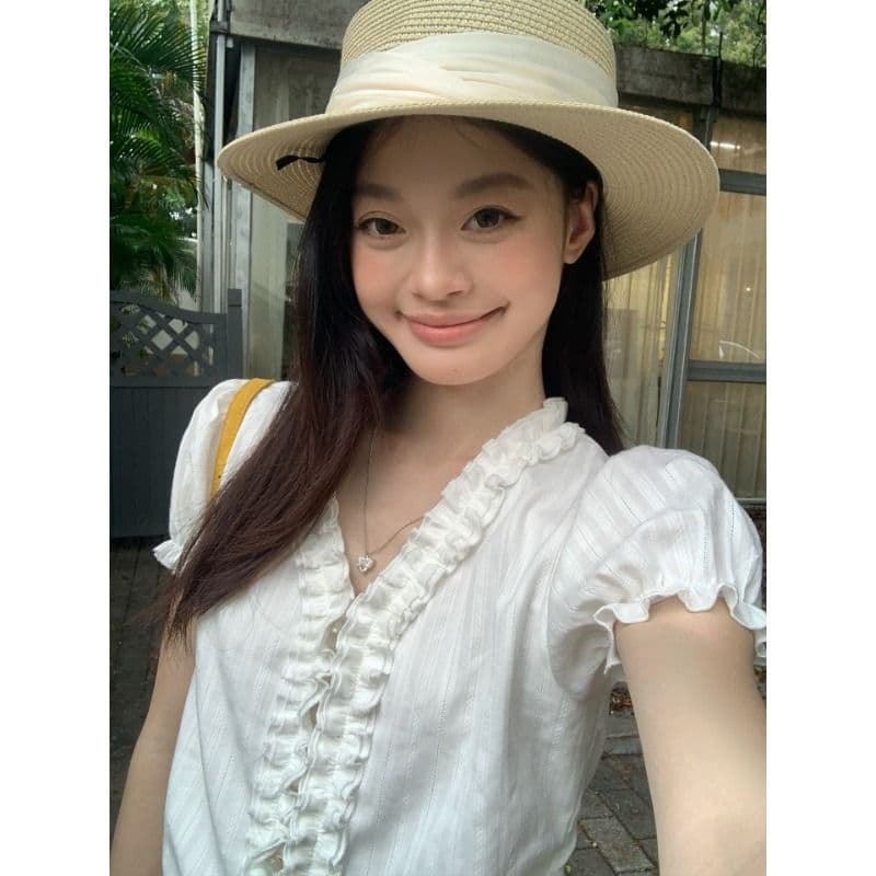 원본 자카드 있음 네리 한국 스타일 화이트 여성 셔츠 여름 레이스 디자인 센스 셔츠 프랑스식 거품 소매 맨위 이미지 4