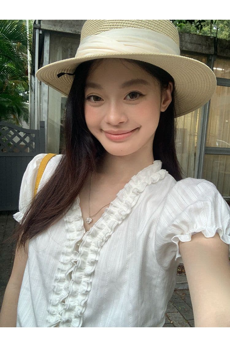 원본 자카드 있음 네리 한국 스타일 화이트 여성 셔츠 여름 레이스 디자인 센스 셔츠 프랑스식 거품 소매 맨위 상세 이미지 4