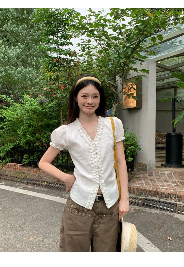 원본 자카드 있음 네리 한국 스타일 화이트 여성 셔츠 여름 레이스 디자인 센스 셔츠 프랑스식 거품 소매 맨위 상세 이미지 6