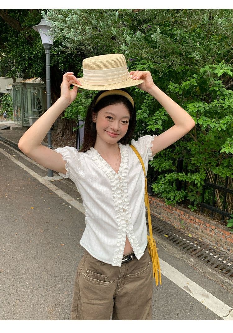 원본 자카드 있음 네리 한국 스타일 화이트 여성 셔츠 여름 레이스 디자인 센스 셔츠 프랑스식 거품 소매 맨위 상세 이미지 9