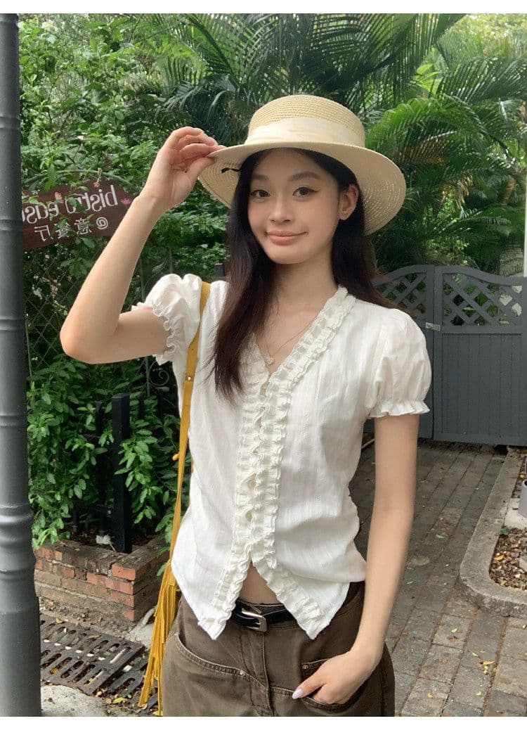원본 자카드 있음 네리 한국 스타일 화이트 여성 셔츠 여름 레이스 디자인 센스 셔츠 프랑스식 거품 소매 맨위 상세 이미지 12