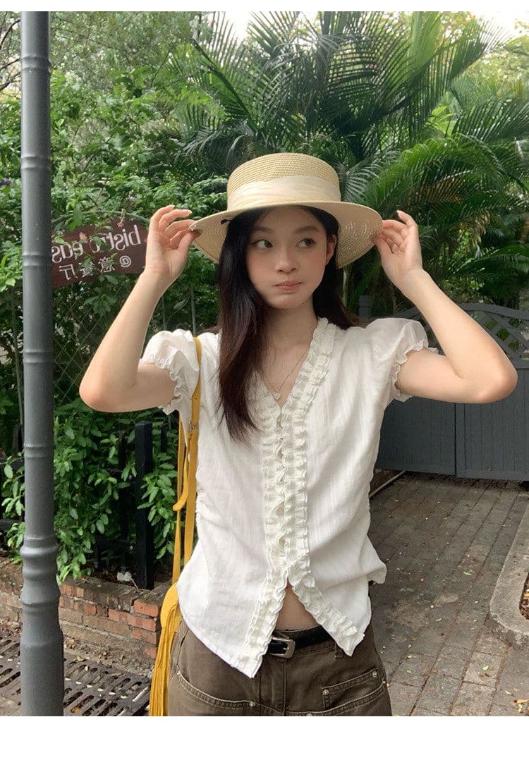 원본 자카드 있음 네리 한국 스타일 화이트 여성 셔츠 여름 레이스 디자인 센스 셔츠 프랑스식 거품 소매 맨위 상세 이미지 14