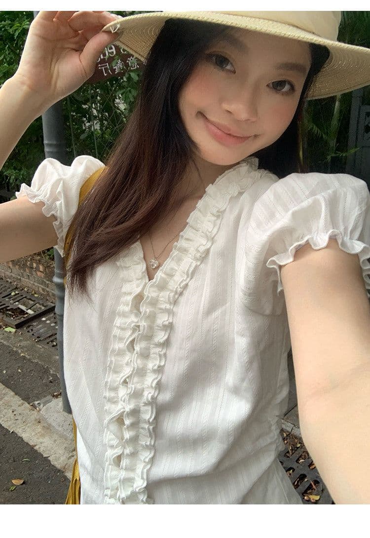 원본 자카드 있음 네리 한국 스타일 화이트 여성 셔츠 여름 레이스 디자인 센스 셔츠 프랑스식 거품 소매 맨위 상세 이미지 16