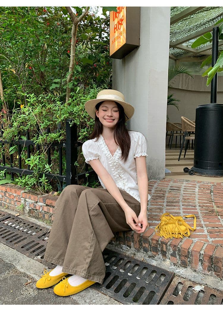 원본 자카드 있음 네리 한국 스타일 화이트 여성 셔츠 여름 레이스 디자인 센스 셔츠 프랑스식 거품 소매 맨위 상세 이미지 21