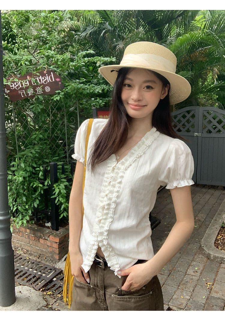 원본 자카드 있음 네리 한국 스타일 화이트 여성 셔츠 여름 레이스 디자인 센스 셔츠 프랑스식 거품 소매 맨위 상세 이미지 22