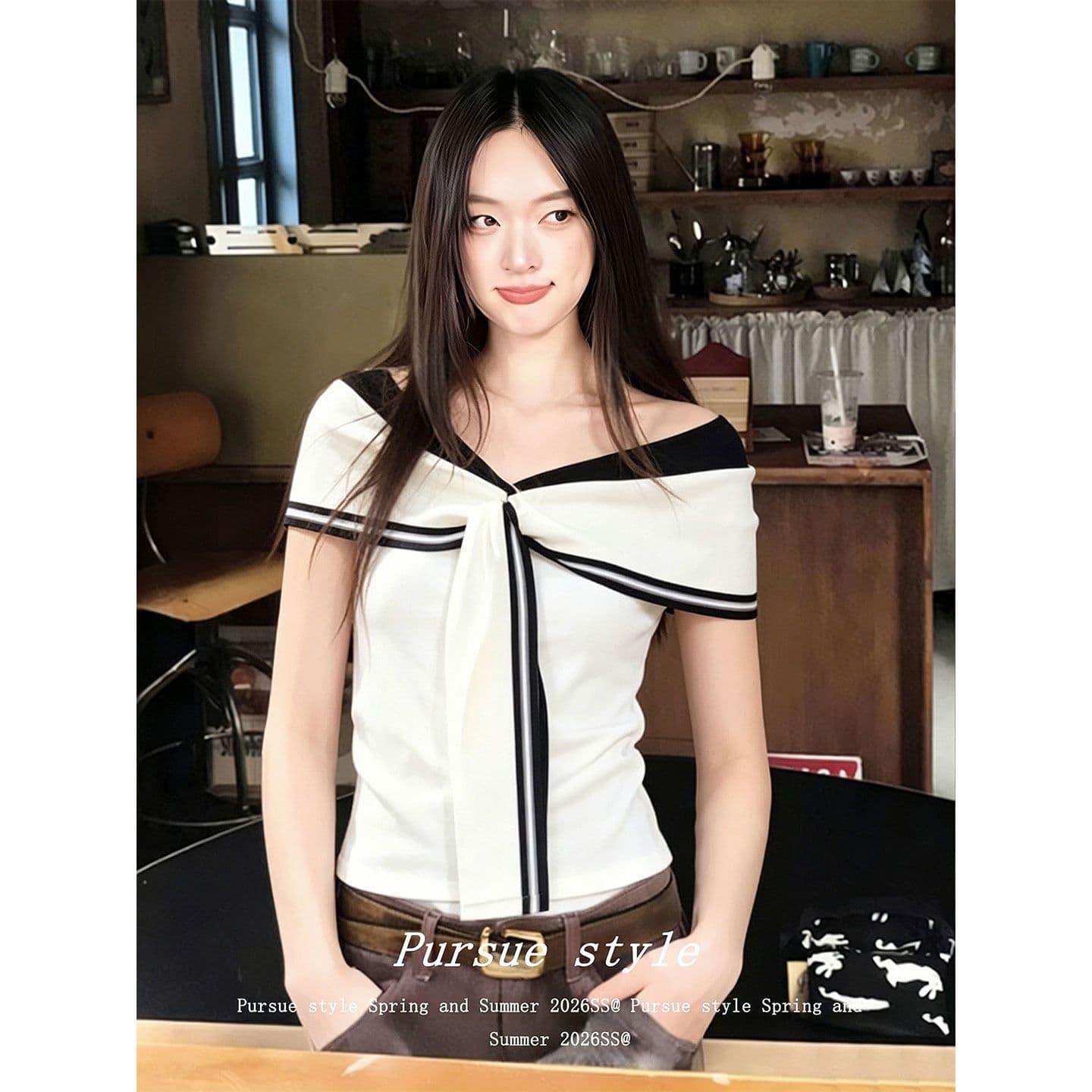 와 사고 방식 해군 칼라 얇은 스타일 여성 여름 디자인 센스 배색 몸매 가꾸기 슬림해 보이는 맨위 이미지 6