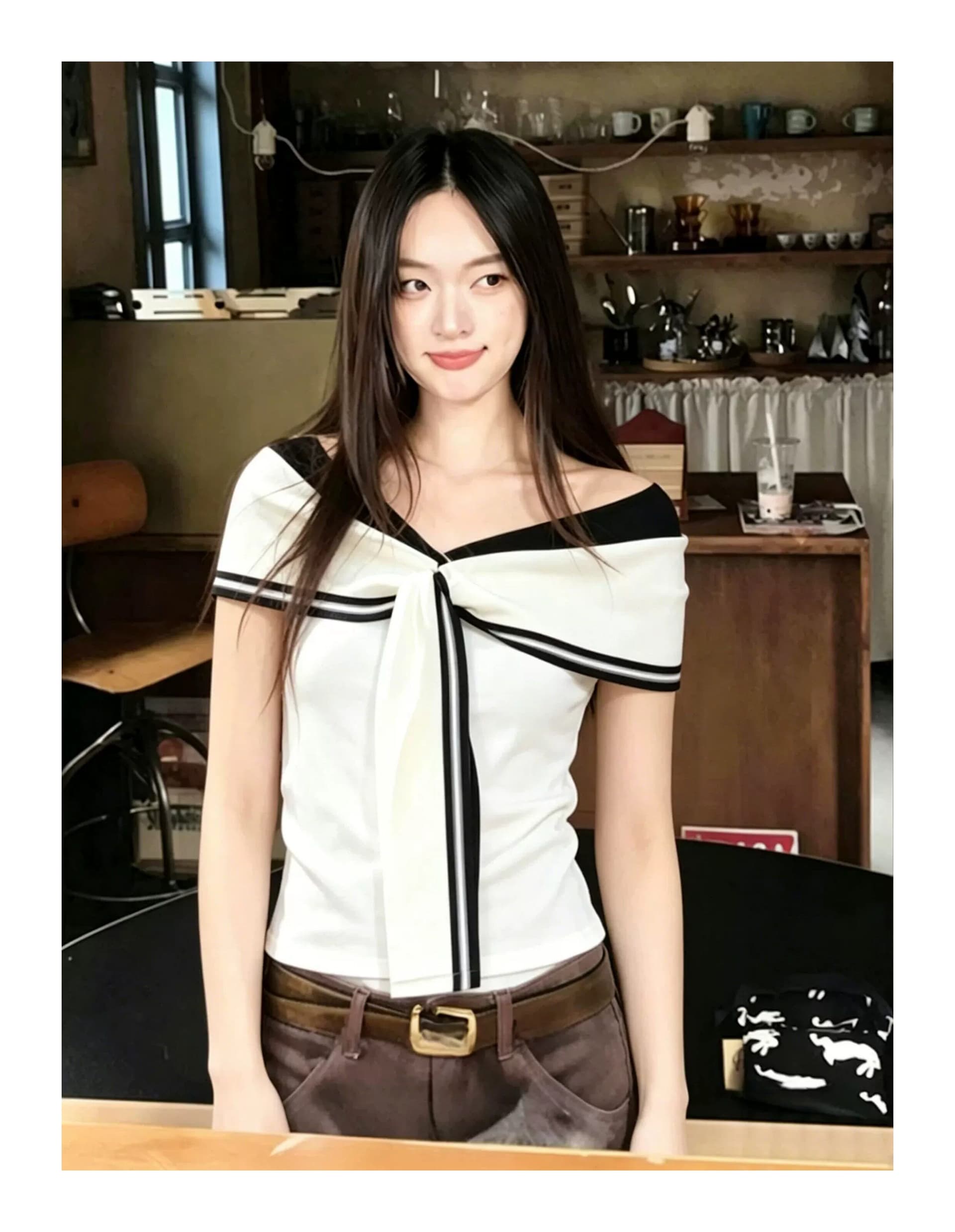 와 사고 방식 해군 칼라 얇은 스타일 여성 여름 디자인 센스 배색 몸매 가꾸기 슬림해 보이는 맨위 상세 이미지 4