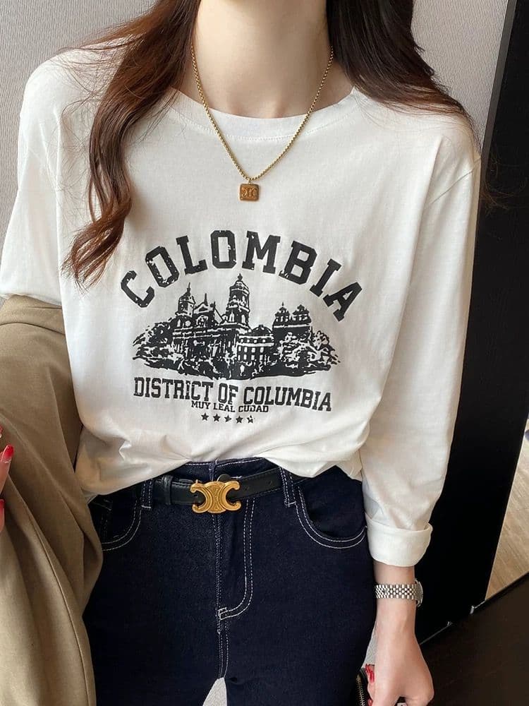가을 순면 긴팔 티셔츠 여성 2026 한국 스타일 새로운 디자인 센스 프린트 다용도 기본 셔츠 맨위