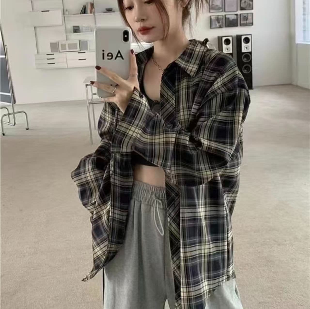 아메리칸 다용도 홍콩 느낌 루즈핏 긴팔 셔츠 재킷 체크무늬 여성 셔츠 봄 레트로 얇은 스타일 태양 보호 셔츠 맨위 이미지 2