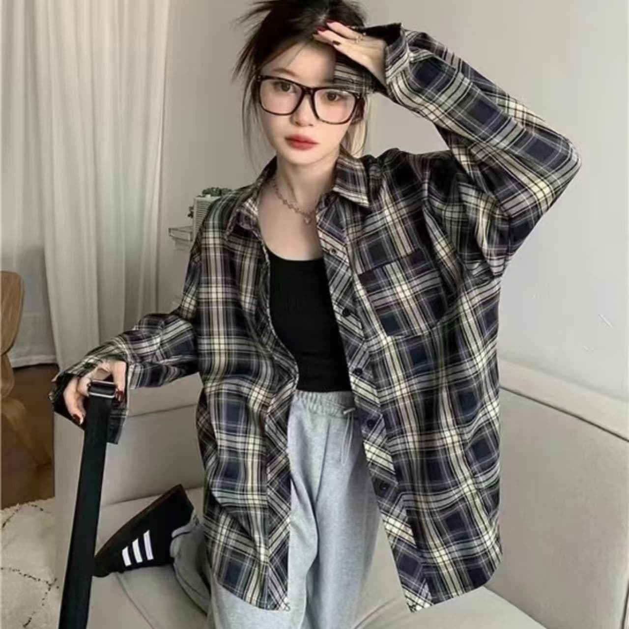 아메리칸 다용도 홍콩 느낌 루즈핏 긴팔 셔츠 재킷 체크무늬 여성 셔츠 봄 레트로 얇은 스타일 태양 보호 셔츠 맨위