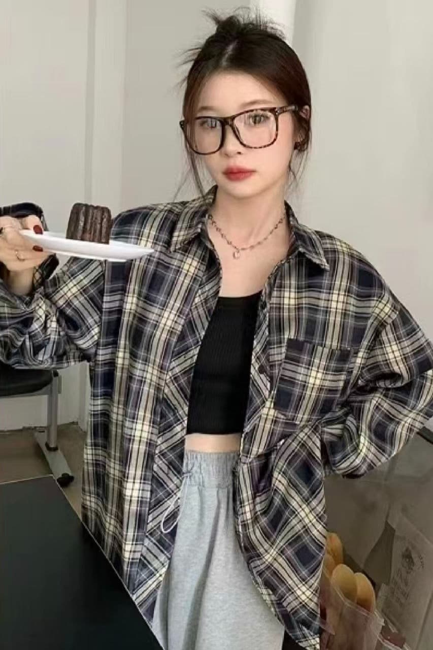 아메리칸 다용도 홍콩 느낌 루즈핏 긴팔 셔츠 재킷 체크무늬 여성 셔츠 봄 레트로 얇은 스타일 태양 보호 셔츠 맨위 이미지 5