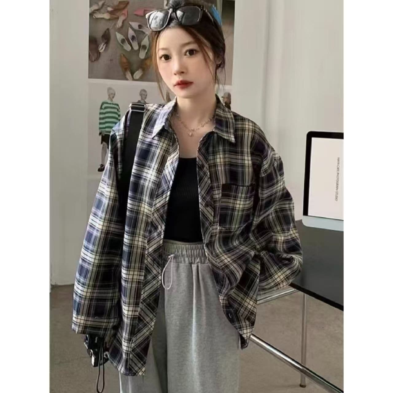 아메리칸 다용도 홍콩 느낌 루즈핏 긴팔 셔츠 재킷 체크무늬 여성 셔츠 봄 레트로 얇은 스타일 태양 보호 셔츠 맨위 상세 이미지 8