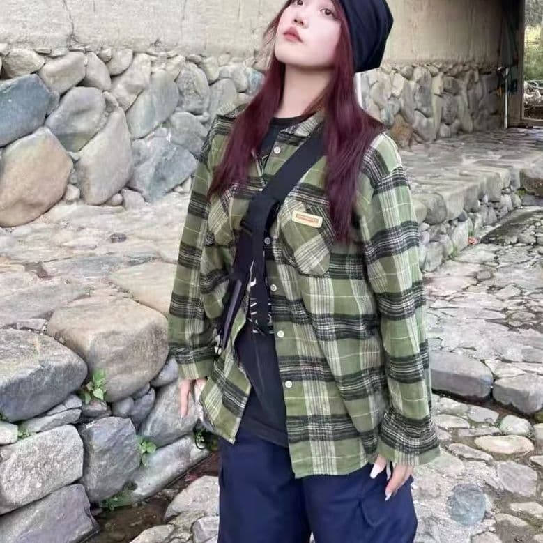 한국 스타일 녹색 체크무늬 학생 셔츠 재킷 루즈핏 2026 봄 가을 레트로 새로운 디자인 긴팔 맨위 셔츠 이미지 4