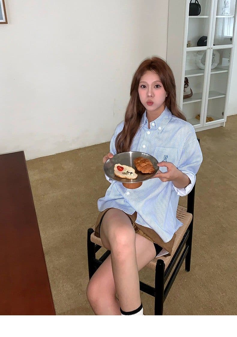 royar 핑크색 스트라이프 POLO 칼라 여성 셔츠 가을 2026 새로운 달콤함 연령 감소 외국 가스 캐주얼 긴팔 맨위 이미지 3