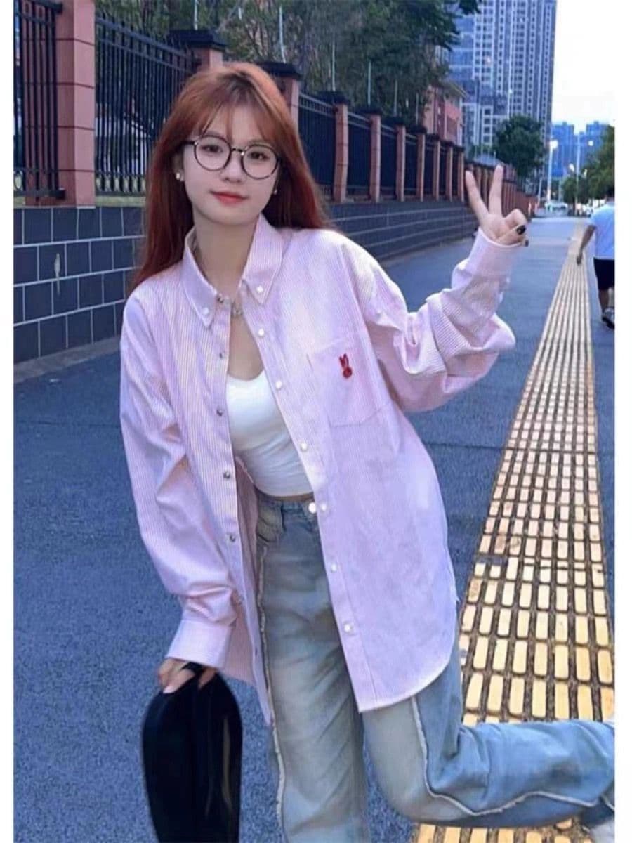 royar 핑크색 스트라이프 POLO 칼라 여성 셔츠 가을 2026 새로운 달콤함 연령 감소 외국 가스 캐주얼 긴팔 맨위 상세 이미지 3