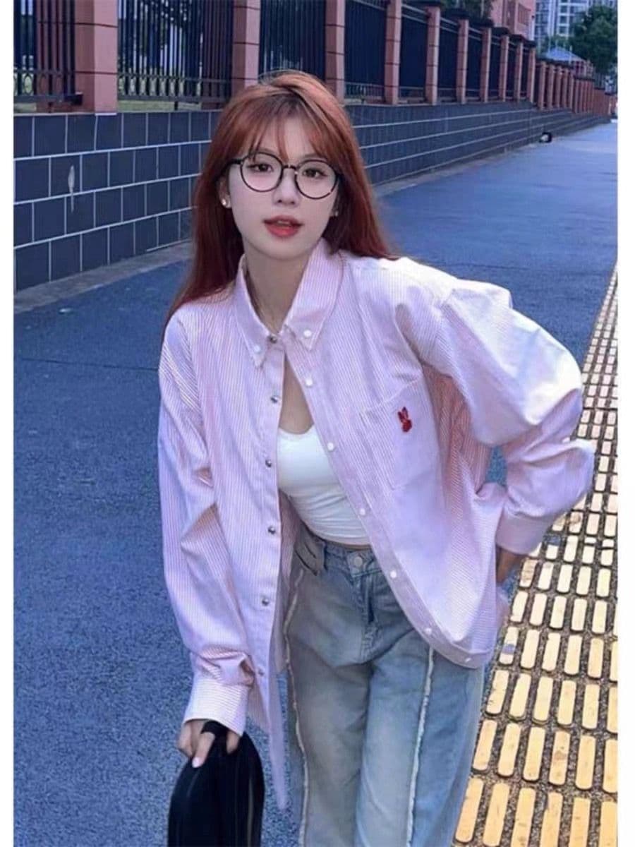 royar 핑크색 스트라이프 POLO 칼라 여성 셔츠 가을 2026 새로운 달콤함 연령 감소 외국 가스 캐주얼 긴팔 맨위 상세 이미지 4