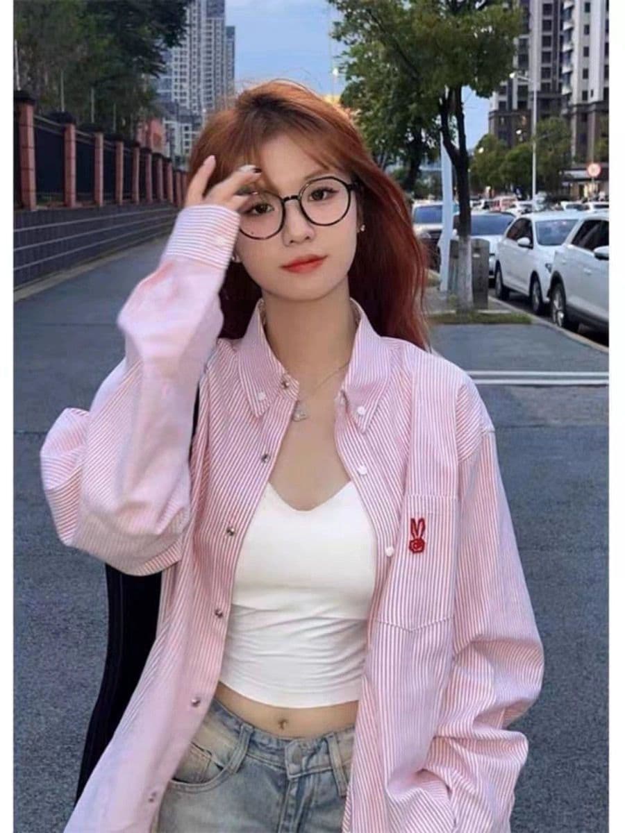 royar 핑크색 스트라이프 POLO 칼라 여성 셔츠 가을 2026 새로운 달콤함 연령 감소 외국 가스 캐주얼 긴팔 맨위 상세 이미지 7