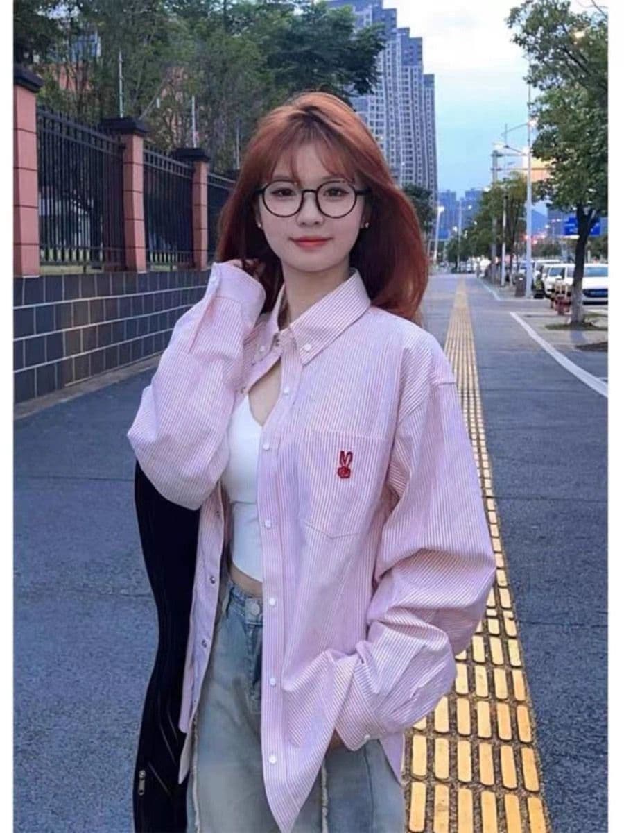 royar 핑크색 스트라이프 POLO 칼라 여성 셔츠 가을 2026 새로운 달콤함 연령 감소 외국 가스 캐주얼 긴팔 맨위 이미지 2