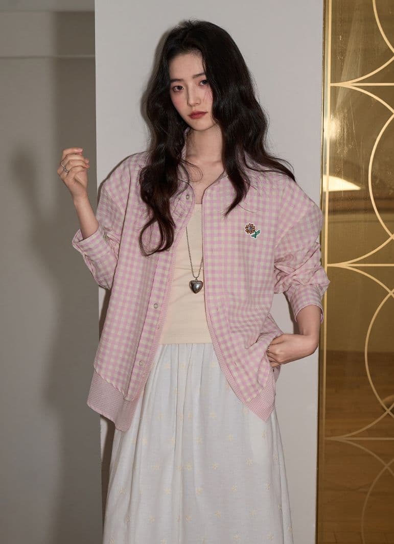 페이크 레이어드 체크무늬 여성 셔츠 2026 봄 가을 스택 착용 핑크색 꽃 셔츠 여성 루즈핏 긴팔 맨위