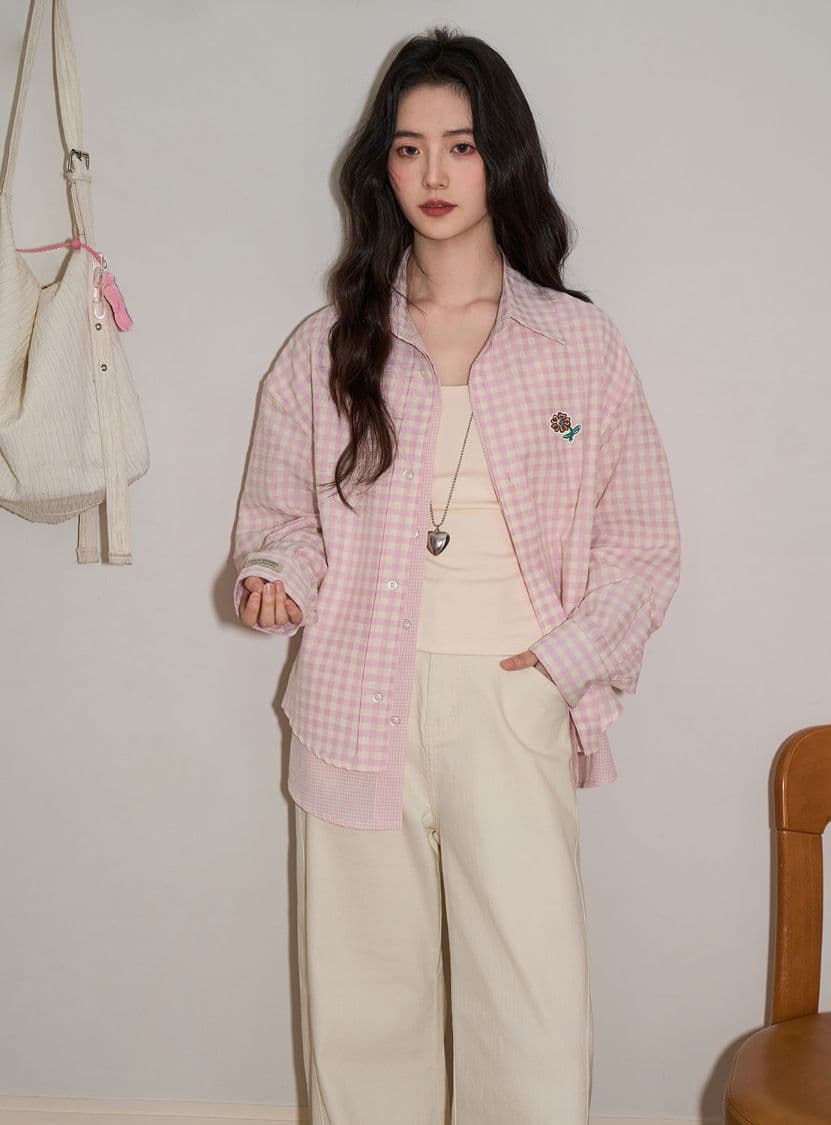 페이크 레이어드 체크무늬 여성 셔츠 2026 봄 가을 스택 착용 핑크색 꽃 셔츠 여성 루즈핏 긴팔 맨위 이미지 4