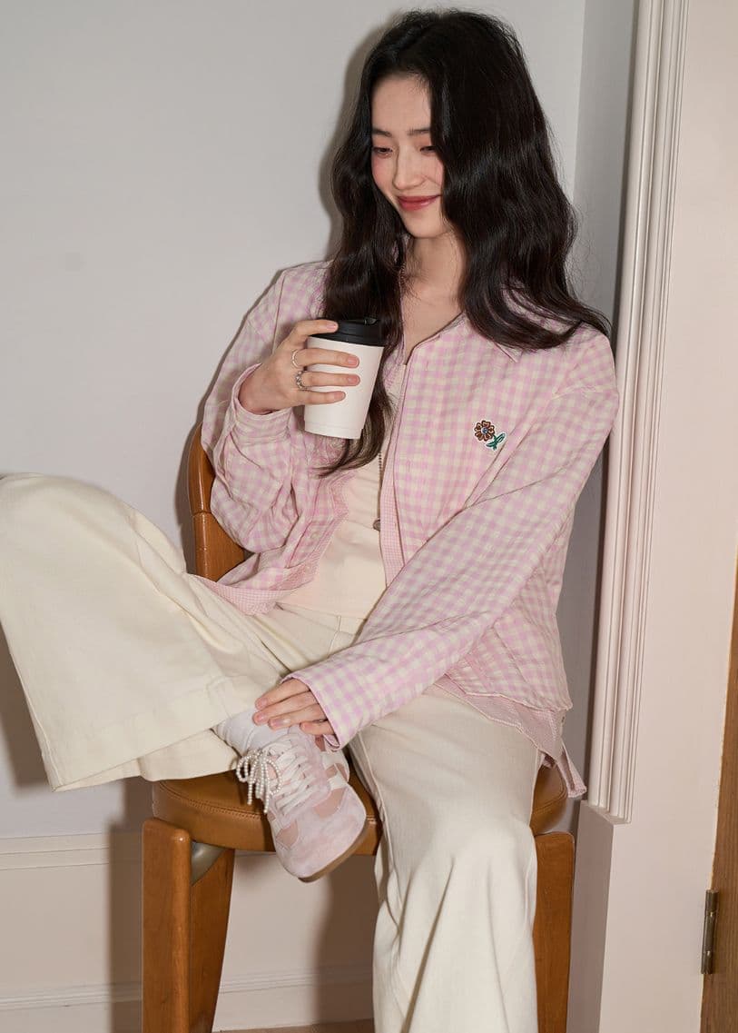 페이크 레이어드 체크무늬 여성 셔츠 2026 봄 가을 스택 착용 핑크색 꽃 셔츠 여성 루즈핏 긴팔 맨위 이미지 3
