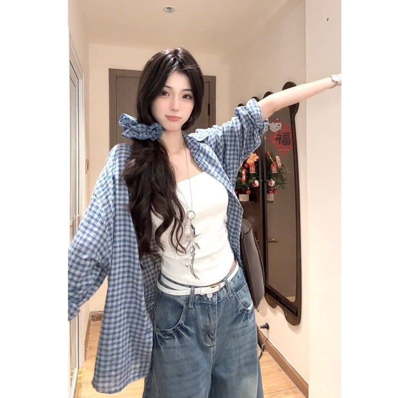 벨트 머리카락 서클 한 부서 품격 긴팔 여성 셔츠 봄 가을 디자인 센스 캐주얼 다용도 슬림해 보이는 체크무늬 재킷 상세 이미지 4