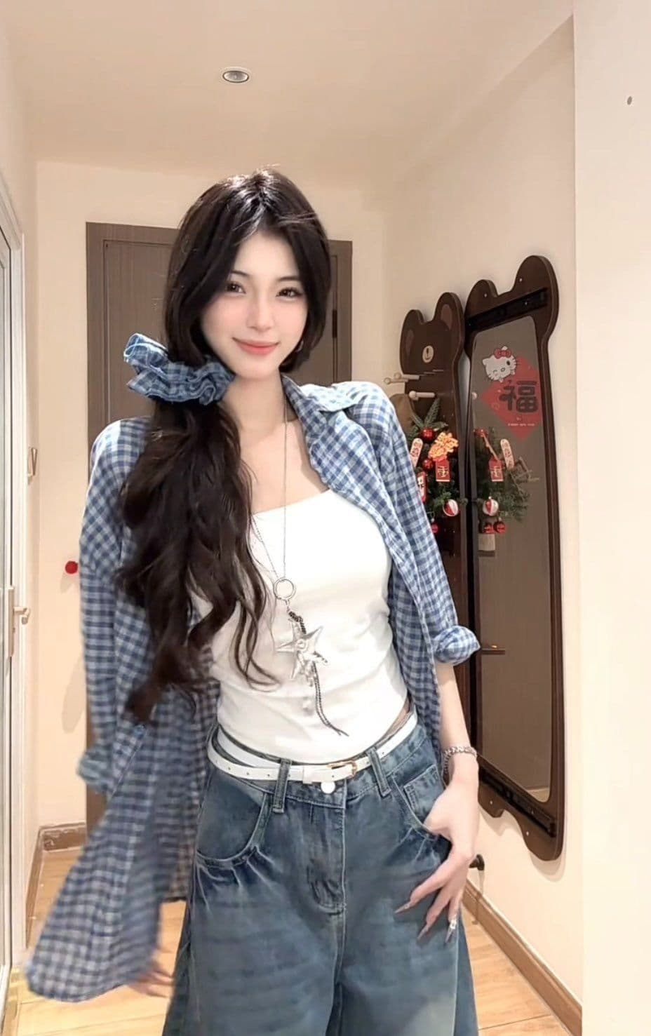 벨트 머리카락 서클 한 부서 품격 긴팔 여성 셔츠 봄 가을 디자인 센스 캐주얼 다용도 슬림해 보이는 체크무늬 재킷 상세 이미지 6
