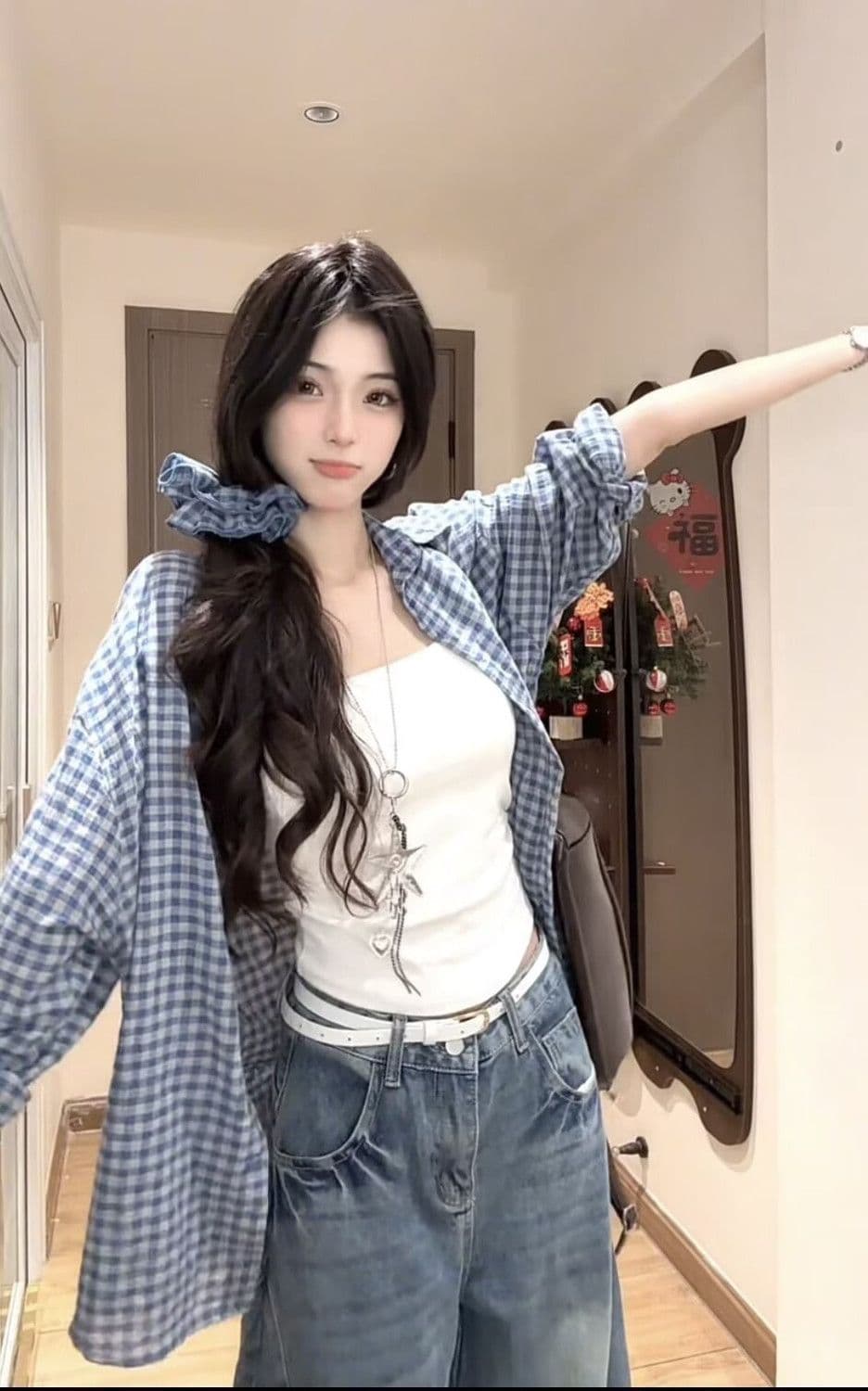 벨트 머리카락 서클 한 부서 품격 긴팔 여성 셔츠 봄 가을 디자인 센스 캐주얼 다용도 슬림해 보이는 체크무늬 재킷 상세 이미지 7
