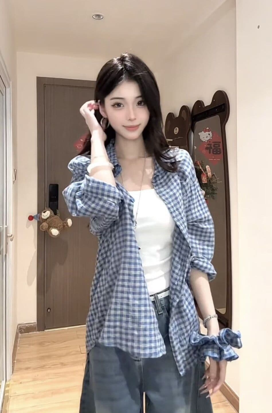 벨트 머리카락 서클 한 부서 품격 긴팔 여성 셔츠 봄 가을 디자인 센스 캐주얼 다용도 슬림해 보이는 체크무늬 재킷 상세 이미지 8