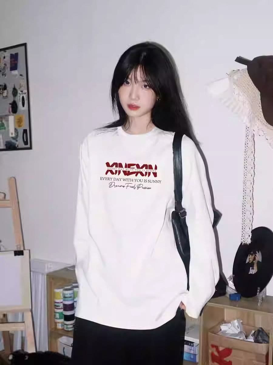 가을 순면 긴팔 티셔츠 여성 2026 한국 스타일 새로운 디자인 센스 프린트 다용도 기본 셔츠 맨위 상세 이미지 7