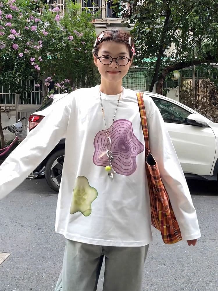 경관 그림 21 순면 210 그램 면 가을 의상 긴팔 티셔츠 여성 루즈핏 맨위 프린트 상세 이미지 8