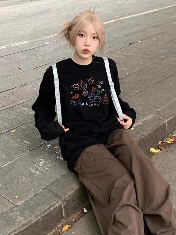 경관 그림 21 순면 210 그램 면 2026 한국 스타일 가을 의상 긴팔 티셔츠 여성 루즈핏 맨위 프린트 상세 이미지 7